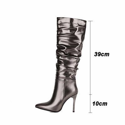Kcenid Silver Gold Knee High Boots Women Pleated Pointed Toe Thin High Heels Dres Party Shoes Autumn Winter Long Boots Woman