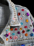 Rainbow Color Beaded Denim Jacket with Gemstones & Crystal