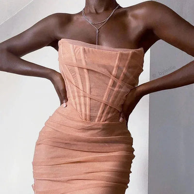 Sexy Black Elegant Mesh Strapless Bandage Women Midi Night Club Party Dresses 2024 Backless Corset Bodycon Summer Dress Vestidos