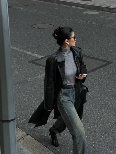 PU Leather Long Coat with Shoulder Detail