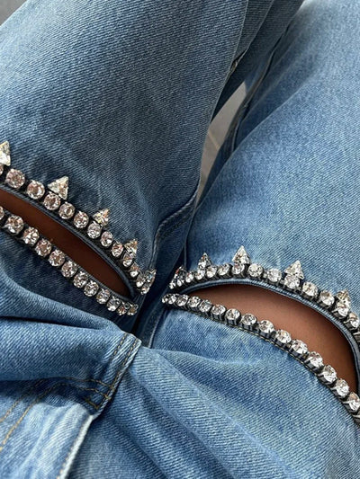 Patchwork Diamonds Hollow-Out High-Waisted Denim Jeans