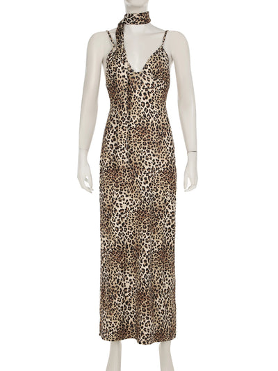 IAMSURE Sexy Slim Leopard Printed Camis Dress With Scarf Elegant Deep V-Neck Sleeveless Maxi Dresses For Women 2024 Summer Lady