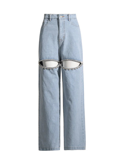 Patchwork Diamonds Hollow-Out High-Waisted Denim Jeans