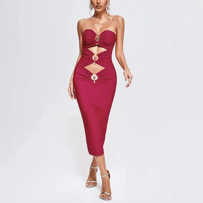 Sexy Strapless Women's Metal Accessories Midi Dress