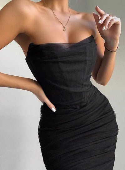 Sexy Black Elegant Mesh Strapless Bandage Women Midi Night Club Party Dresses 2024 Backless Corset Bodycon Summer Dress Vestidos