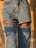 Patchwork Diamonds Hollow-Out High-Waisted Denim Jeans