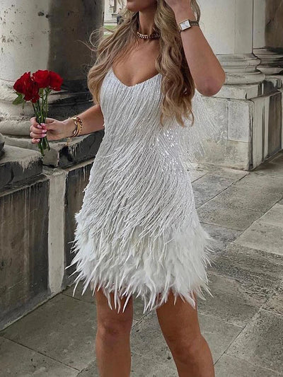 Sequin Feather Club Short Dress