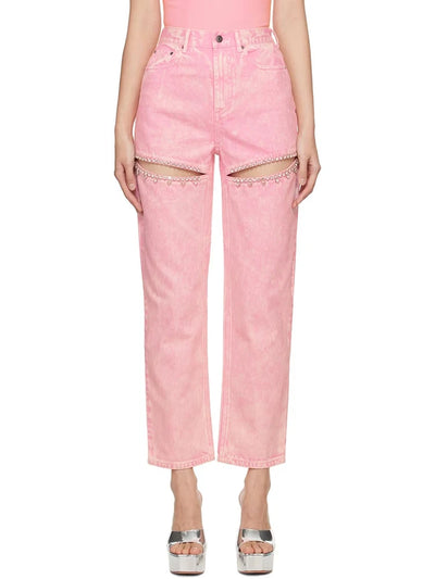 Patchwork Diamonds Hollow-Out High-Waisted Denim Jeans