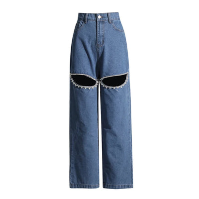 Patchwork Diamonds Hollow-Out High-Waisted Denim Jeans