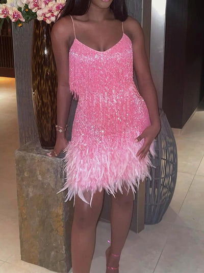 Sequin Feather Club Short Dress