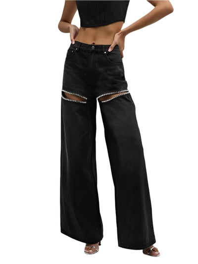 Patchwork Diamonds Hollow-Out High-Waisted Denim Jeans