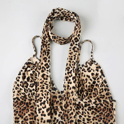 IAMSURE Sexy Slim Leopard Printed Camis Dress With Scarf Elegant Deep V-Neck Sleeveless Maxi Dresses For Women 2024 Summer Lady
