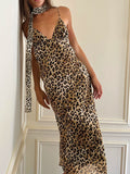 IAMSURE Sexy Slim Leopard Printed Camis Dress With Scarf Elegant Deep V-Neck Sleeveless Maxi Dresses For Women 2024 Summer Lady
