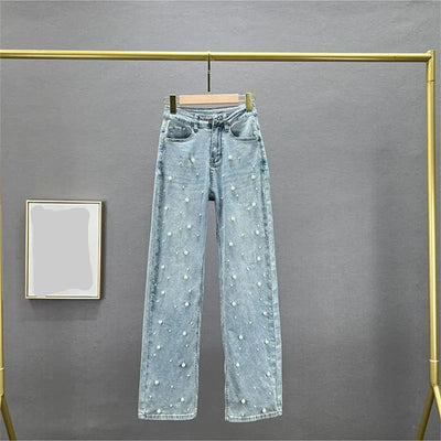 Denim Pants Fashion Beaded Jeans Wide-Leg Pants Female Tide