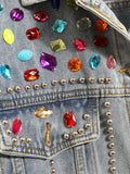 Rainbow Color Beaded Denim Jacket with Gemstones & Crystal