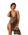 Chic Leopard Print Design Women Mini Dress Sexy Deep V Neck Backless Shiny Rhinestone Chain Halter Neck Dress Nightclub Dresses