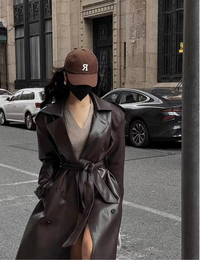 PU Leather Long Coat with Shoulder Detail