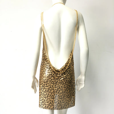 Chic Leopard Print Design Women Mini Dress Sexy Deep V Neck Backless Shiny Rhinestone Chain Halter Neck Dress Nightclub Dresses