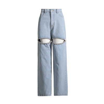 Patchwork Diamonds Hollow-Out High-Waisted Denim Jeans
